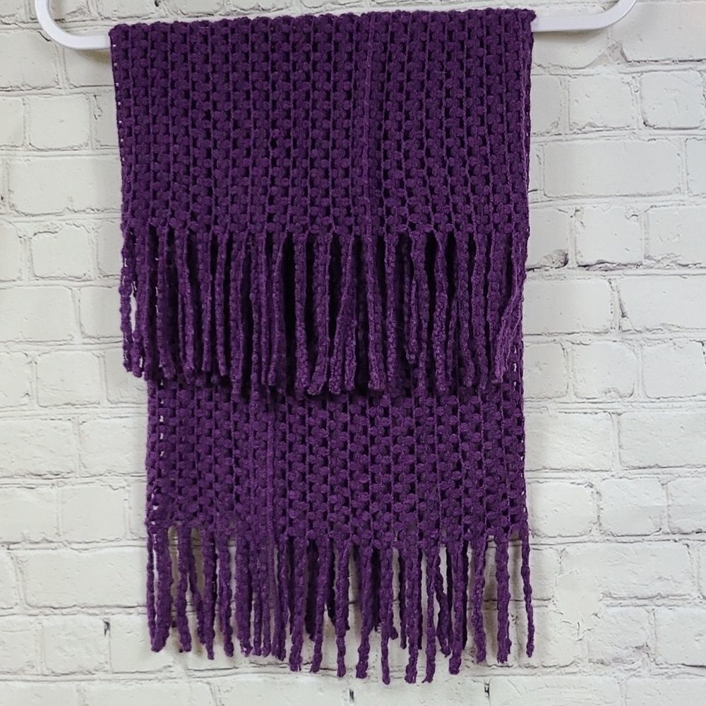 Purple Crochet Knit Fringe Neck Warmer Warm Lightweight Cozy Winter Scarflette